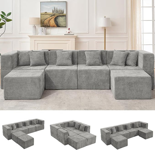 MONVANE Modular Sectional Cloud Couch for Living Room - 130'' 6 Seater Convertible Chenille Couches Set with Ottoman, No Assembly Compression Sofas, Comfy Floor Sofa with Memory Foam, Light Grey