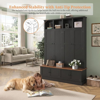 Hall Tree with Bench and Shoe Storage,Shoe and Coat Rack with Drawer and Hooks,Farmhouse Furniture for Entryway,Mudroom,Living Room,Black (Black, 59" W)