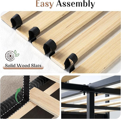 AMERLIFE Queen Size 62" Corduroy Upholstered Bed Frame, Luxurious Platform Bed with Extra Tall Wingback Headboard and Vertical Stripe, No Box Spring Needed/Solid Wood Slats & Legs/Black
