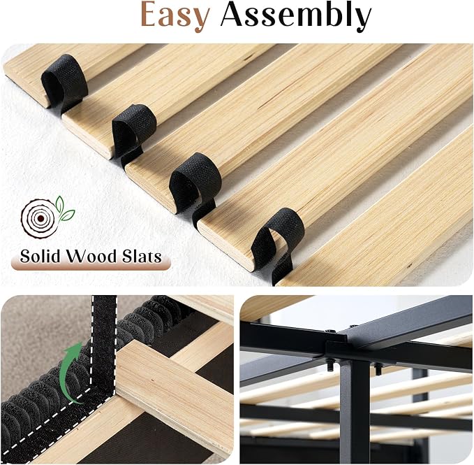 AMERLIFE King Size 62" Corduroy Upholstered Bed Frame, Luxurious Platform Bed with Extra Tall Wingback Headboard and Vertical Stripe, No Box Spring Needed/Solid Wood Slats & Legs/Black