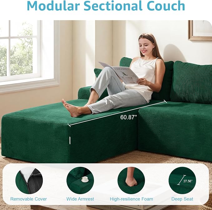Hobestluk Modular Sectional Sofa Couches L-Shape Couch 3 Seat Modular Sofa Memory Foam Sectional Couches for Living Room, Cloud Couch with Oversized Chaise (Green Corduroy, 108", Left Hand Facing)