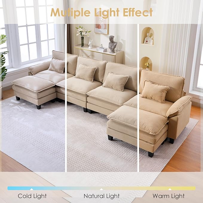 157" Corduroy Modular Sectional Sofa, Convertible U Shaped Modular Sofa Comfy Cloud Couch with Ottoman, Side Pockets and 4 Throw Pillows for Living Room, Kahki, 6 Seats