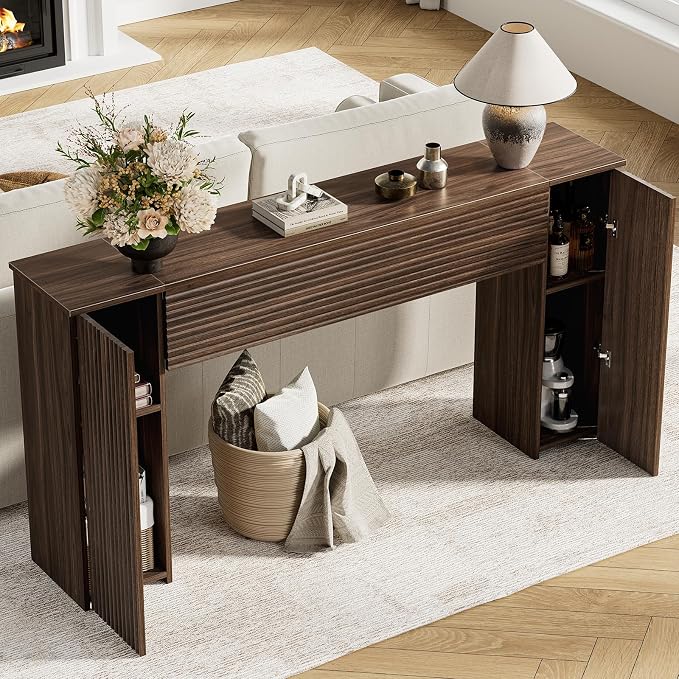 FABATO 61'' Fluted Long Console Table, Wooden Rectangular Sofa Table Behind The Couch, Narrow Entryway Table with 2 Hidden Storage Cabinets for Entrance, Hallway, Living Room, Foyer, Walnut
