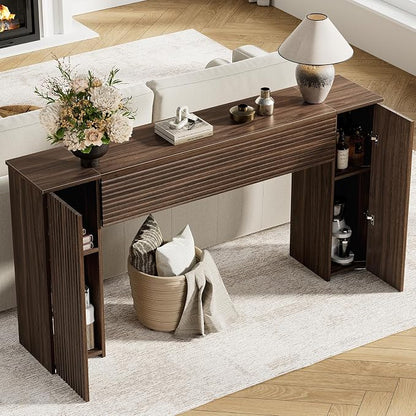 FABATO 61'' Fluted Long Console Table, Wooden Rectangular Sofa Table Behind The Couch, Narrow Entryway Table with 2 Hidden Storage Cabinets for Entrance, Hallway, Living Room, Foyer, Walnut