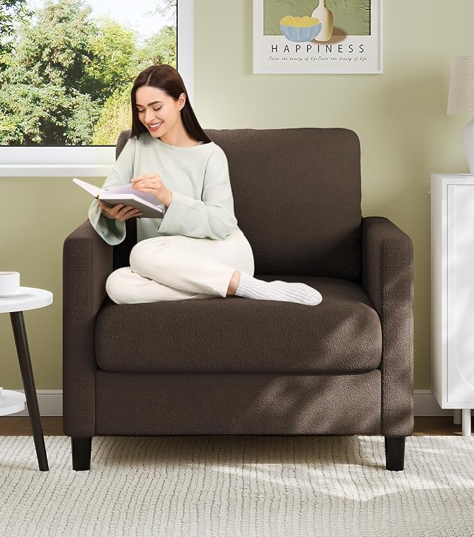 Welzona Sofa Accent Chair, 33" Reading Chair for Bedroom, Tool-Free Setup Living Room Accent Chairs, Comfy Arm Chairs Living Room, All-Wood Reading Nook, Brown