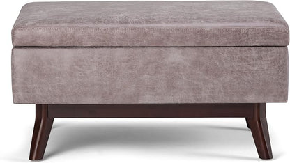 SIMPLIHOME Owen Coffee Table Storage Ottoman - 34" Wide x 19" High Upholstered Vegan Leather Rectangular Lift-Top Ottoman in Distressed Grey Taupe, Mid-Century Modern Bench with Tapered Legs