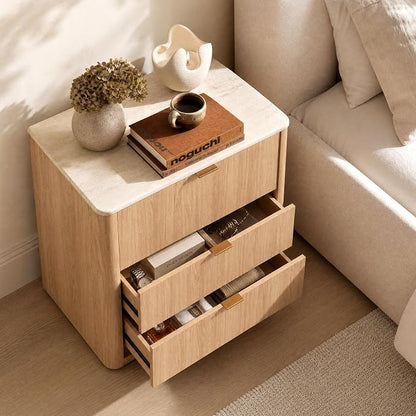ModernMate 3 Drawer Dresser with Curved Profile & Faux Travertine Texture, 31.5" Large Nightstand Anti-Tip Chest of Drawers for Bedroom, Living Room, Natural Oak