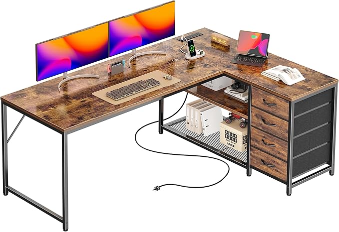 PRAISUN 61" L Shaped Desk with Power Outlets & USB-C Port, Reversible Computer Corner Office Desk with 4 Fabric Drawers and 2 Storage Shelves, Large Desk for Gaming Writing Study, Rustic Brown