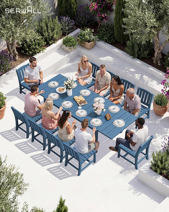 SERWALL Outdoor Patio Dining Set for 6, Blue | 60" - 83" Expandable Outdoor Dining Table and 6 HDPE Chairs, All Weather Material Outdoor Furniture Set Backyard, Garden