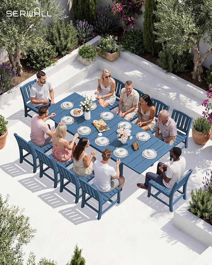 SERWALL Outdoor Expandable Dining Table 60" - 83", Blue | Patio Dining Table for 4-8 People, All Weather HDPE and Aluminum Outdoor Furniture