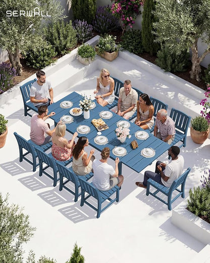 SERWALL Outdoor Expandable Dining Table 60" - 83", Blue | Patio Dining Table for 4-8 People, All Weather HDPE and Aluminum Outdoor Furniture