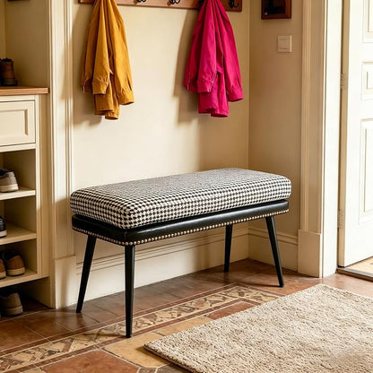 Forteek 32" Retro Upholstered Entryway Bench, Shoe Bench with Cushion | Leather & Fabric Padded Bench, End of Bed Bench for Bedroom, Dining Bench for Living Room, Storage Bench for Hallway & Foyer