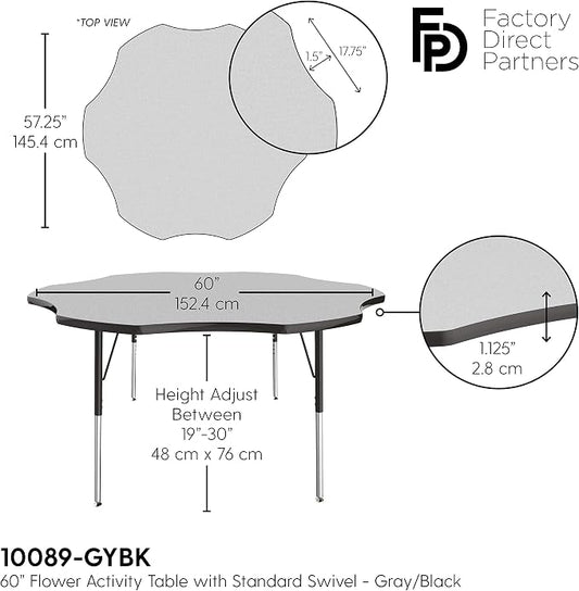 FDP Flower Activity School and Office Table (60 inch), Standard Legs with Swivel Glides for Collaborative Seating Environments, Adjustable Height 19-30 inches - Gray Top and Black Edge