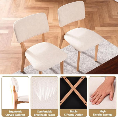 Wooden Dining Chairs Set of 4, Mid Century Modern Kitchen Chairs with Fabric Upholstered and Curved Backrest for Dining Room, Restaurant/Cafe, 300LBS Capacity, Natural