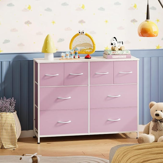 WLIVE Dresser for Bedroom with 8 Drawers, Wide Fabric Dresser for Storage and Organization, Bedroom Dressers, Chest of Drawers for Living Room, Closet, Hallway, Cloudy Pink