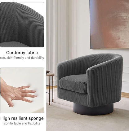Swivel Barrel Accent Chair, Modern Round Corduroy Fabric Arm Chair for Living Room, Bedroom, Comfy Club Reading Chairs for Adults (Corduroy Grey, Set of 1)