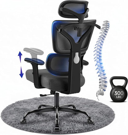 Ergonomic Office Chair, High Back Mesh Computer Chair with Comfortable Adaptive Lumbar Support, Built-in Coat Hanger, SGS Class 4 Gas Lift, Heavy Duty 300lbs for Long Hours Home Office