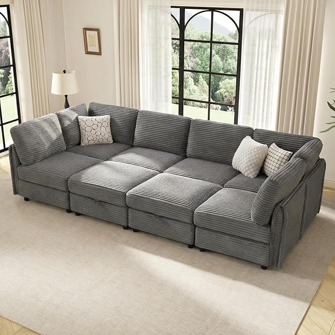 KKL 123" Modular Sectional Sofa Bed with Storage Ottoman, Convertible L/U/J-Shaped Sleeper Couch Plush Wide-Wale Corduroy for Living Room, Apartment, Modern Design, Gray