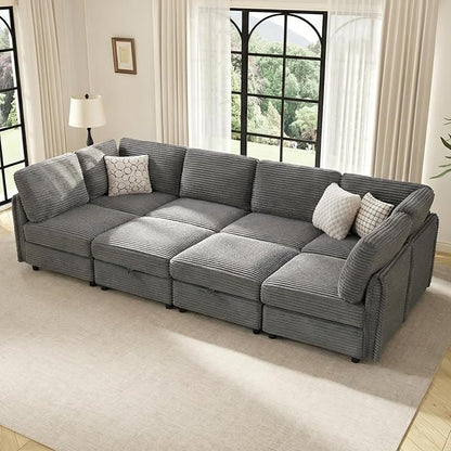 KKL 123" Modular Sectional Sofa Bed with Storage Ottoman, Convertible L/U/J-Shaped Sleeper Couch Plush Wide-Wale Corduroy for Living Room, Apartment, Modern Design, Gray