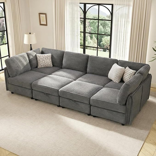 KKL 123" Modular Sectional Sofa Bed with Storage Ottoman, Convertible L/U/J-Shaped Sleeper Couch Plush Wide-Wale Corduroy for Living Room, Apartment, Modern Design, Gray