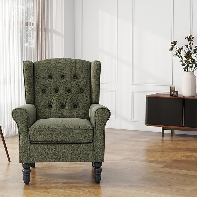 High Back Accent Chairs Set of 2, Upholstered Armchair Wingback Arm Chair for Living Room, Comfy Single Sofa Solid Wood Legs Bedroom Reading Seat - Green