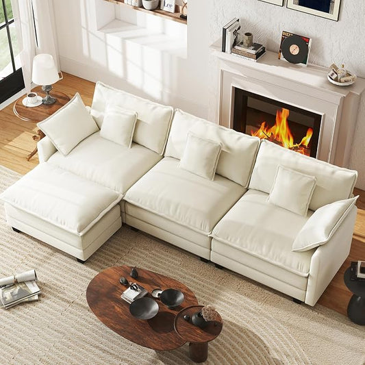 WorthFurni 111.4” Cloud Couch, Modular Sectional Sofa with Ottoman, Comfy Modern 3-Seater Couches with Pillows & Upholstered Deep Seat Cushion for Apartment Living Room Bedroom （Beige）