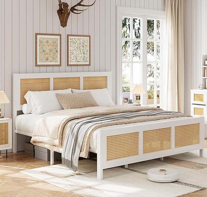 Garvee Rattan Bed Frame with Headboard, Bohe Platform Full Size Bed Frame with Strong Metal Slats Support, No Box Spring Needed, Noise-Free Design, White