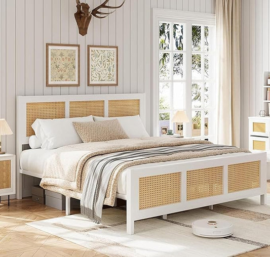 Garvee Rattan Bed Frame with Headboard, Bohe Platform Full Size Bed Frame with Strong Metal Slats Support, No Box Spring Needed, Noise-Free Design, White