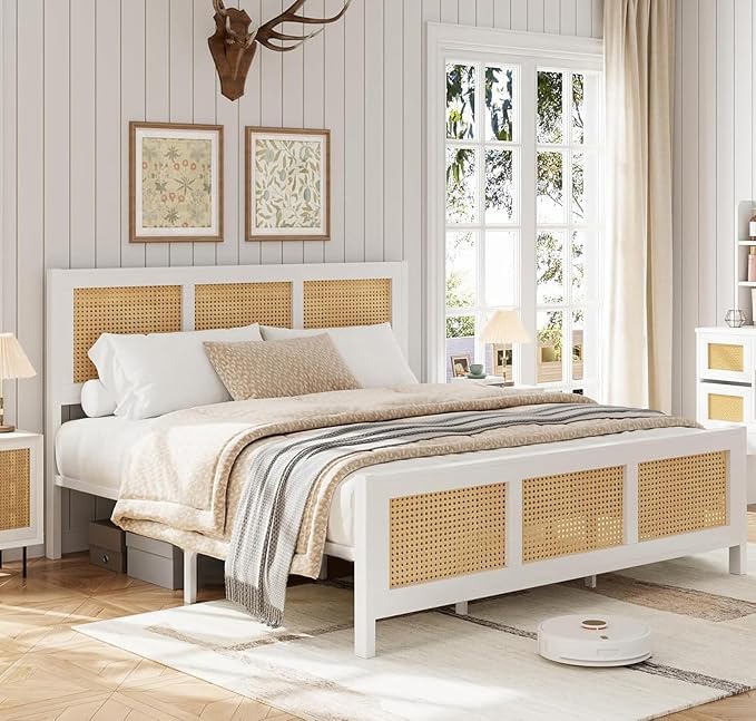 Garvee Rattan Bed Frame with Headboard, Bohe Platform King Size Bed Frame with Strong Metal Slats Support, No Box Spring Needed, Noise-Free Design, White