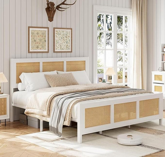 Garvee Rattan Bed Frame with Headboard, Bohe Platform King Size Bed Frame with Strong Metal Slats Support, No Box Spring Needed, Noise-Free Design, White