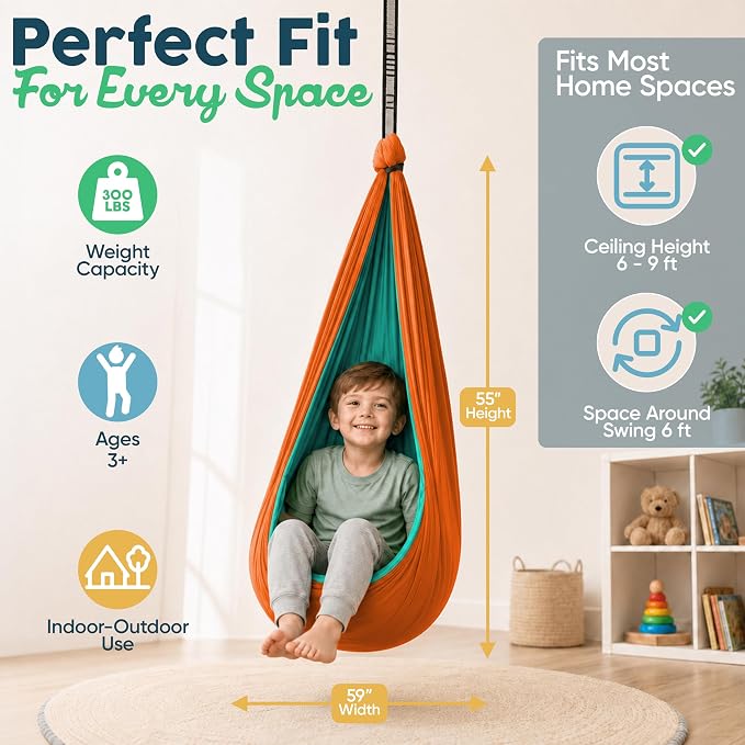 Sensory Swing for Kids Indoor Outdoor - Calming Cocoon Therapy Swing, Holds 300lbs - Hug-Like Sensory Hammock with 360° Swivel Hardware for Autism, ADHD, SPD Support
