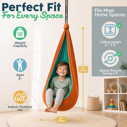 Sensory Swing for Kids Indoor Outdoor - Calming Cocoon Therapy Swing, Holds 300lbs - Hug-Like Sensory Hammock with 360° Swivel Hardware for Autism, ADHD, SPD Support