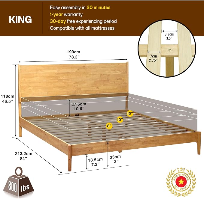 Acacia Haven King Size Bed Frame and Headboard, Solid Wood Platform Bed Frame Scandinavian Bed Compatible with All Mattress Types, No Box Spring Needed, 800lbs Wood Slats Support, Natural Oak