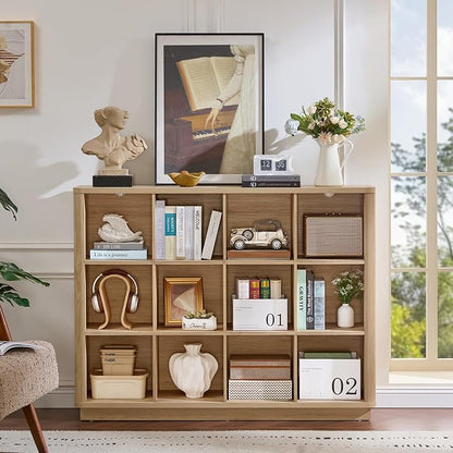 Joaxswe 12 Cube Storage Organizer, 41" Large Bookshelf with Curved Edge, Wood Floor Standing 3-Tier Cubby Bookcase with Base, Rustic Display Storage Cabinet for Living Room, Home Office, Natural Oak