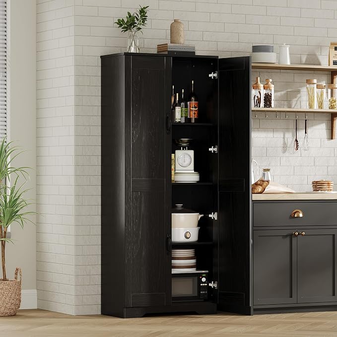 Garvee Tall Pantry Cabinet, 60" Kitchen Storage Cabinet with 2 Doors & Adjustable Shelves, Freestanding Wooden Cupboard for Bathroom，Dining Room, Living Room,Black