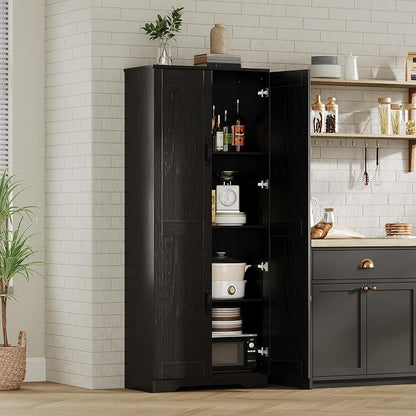 Garvee Tall Pantry Cabinet, 60" Kitchen Storage Cabinet with 2 Doors & Adjustable Shelves, Freestanding Wooden Cupboard for Bathroom，Dining Room, Living Room,Black