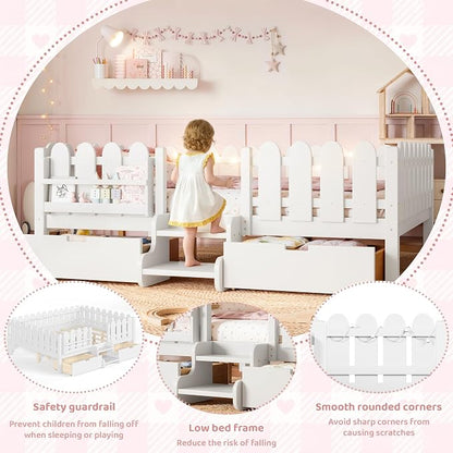 Bellemave Queen Size Montessori Bed with Stairs, Lights, Rails and Slats, Queen Size Montessori Floor Bed with Bookshelf and 2 Storage Drawers, Easy Assemble Beds Frame for Girls, Boys, White