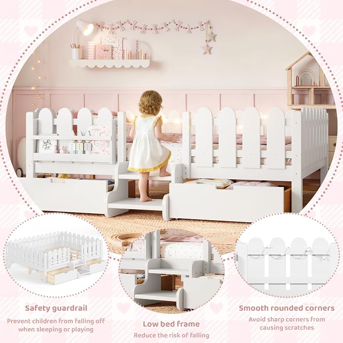 Bellemave Queen Kids Montessori Bed with Stairs, Bookshelf and LED Lights, Solid Wood Kids Bed Frame with Storage Drawers for Boys Girls, Low Profile,White