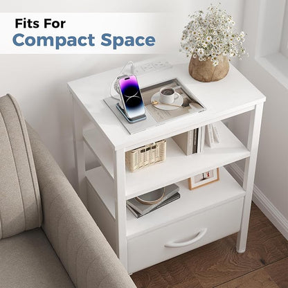 DUMOS 3-Tier Storage, Bed Side Tables with Wireless Charging Station, End Tables with Adjustable Fabric Drawers, Nightstand Set of 2, Modern Design, White
