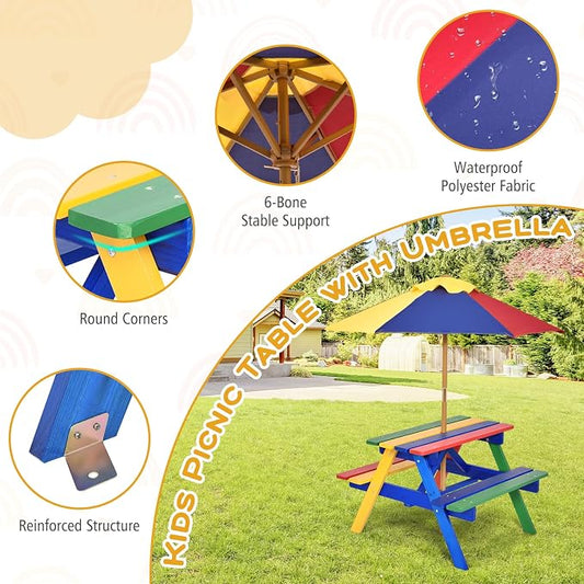 Costzon Kids Picnic Table, Fir Wood Kids Outdoor Table and Chairs with Removable Umbrella, Toddler Picnic Table for Patio, Backyard, Garden (Multicolor)