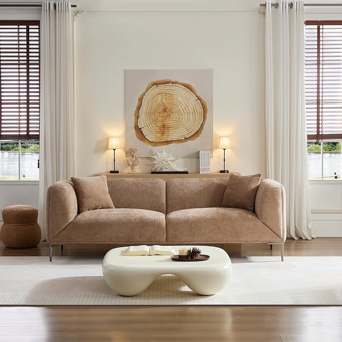 82.68" Modern Upholstered Sofa with Straight Design, Full and Soft Seating, Includes 2 Throw Pillows, 3 Seats,Fabric Couch with Metal Legs for Living Room, Office, Apartment (Camel)