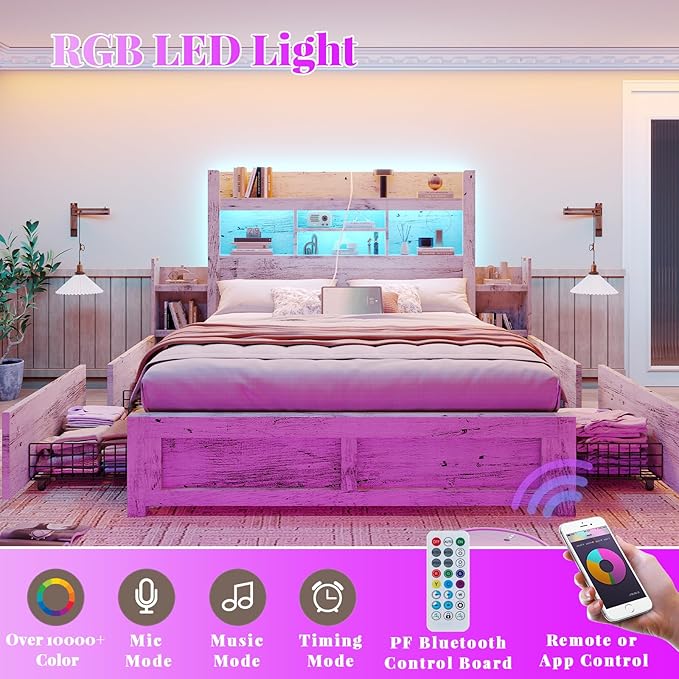 LUXOAK Full Bed Frame with 49.6" Bookcase Headboard & 2 Detachable Bedside Stoage Racks & 4 Drawers, Farmhouse Wood Bed Frame with RGB LED & Charging Station, No Box Spring Needed, Distressed White