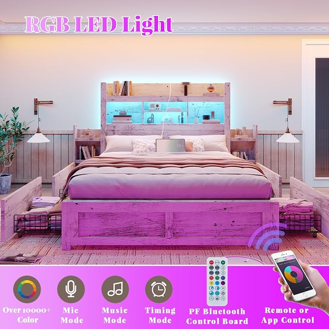 LUXOAK Queen Bed Frame with 49.6" Bookcase Headboard & 4 Drawers & 2 Detachable Bedside Stoage Racks, Farmhouse Wood Bed Frame with RGB LED & Charging Station, No Box Spring Needed, Distressed White