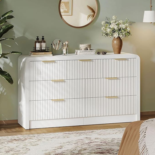 Decofy Fluted Drawers Dresser for Bedroom, Wood Dressers with Gold Handles, Modern Dressers with Wave Texture, Large Storage Chest of Drawers, Bedroom Dresser Organizer 55'' & 7 Drawers ((Pure White)