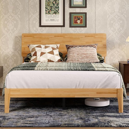 Novilla Queen Bed Frame with 3-Level Adjustable Storage Headboard, Solid Wood Platform Bed Frame with Slats, No Box Spring Needed, Noise Free, Natural Finish for Master Bedroom and Guest Room