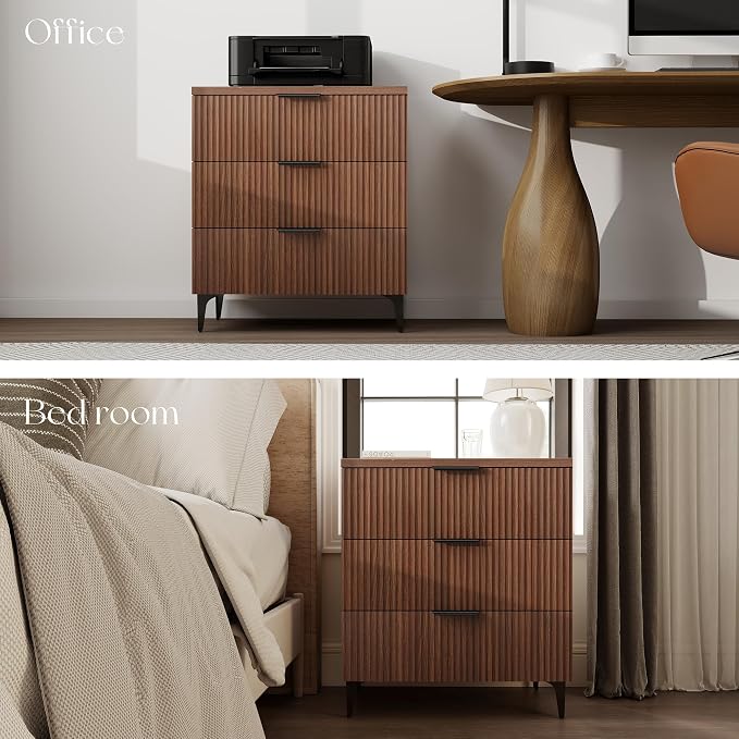 25.6"W Fluted Nightstand with 3 Drawer, Mid-century Modern Wood Night Stands Bedside Table for Bedroom King/Queen Bed, End Table with Robot-friendly Legs for Living Room,Entry (3 Drawers-1pcs-Walnut)