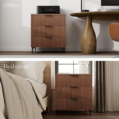 25.6"W Fluted Nightstand with 3 Drawer, Mid-century Modern Wood Night Stands Bedside Table for Bedroom King/Queen Bed, End Table with Robot-friendly Legs for Living Room,Entry (3 Drawers-1pcs-Walnut)