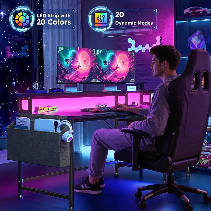 DurayLoly 55" Gaming Desk with RGB Lights & Power Outlets for Teens | Wireless Remote Full-Color Strip, Various Lighting Modes, Level Up Teens Gaming Vibe or Study for Protect Eyes In Bedroom