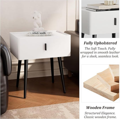 Nightstand Set of 2 with Single Drawer,Leather Side Table,Modern Bedside Table with Metal Legs for Bedroom,Small Accent End Table,White