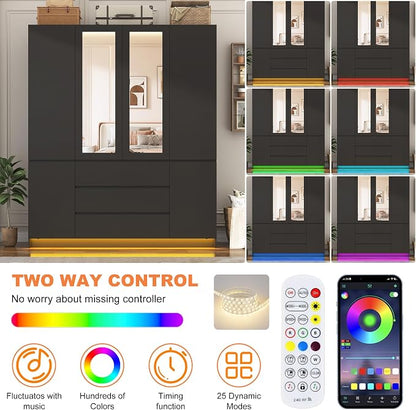 4 Doors Armoire Wooden Wardrobe Closet with 3 Drawers & 2 Mirror, 75"H Clothing Storage Cabinet with Hanging Rod,Modern Bedroom Large Freestanding Armoires with Led Lights for Bedroom, Black